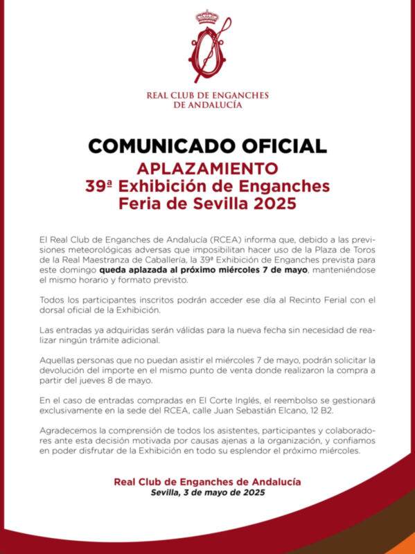APLAZAMIENTO 39ª Exhibición de Enganches – Feria de Sevilla 2025