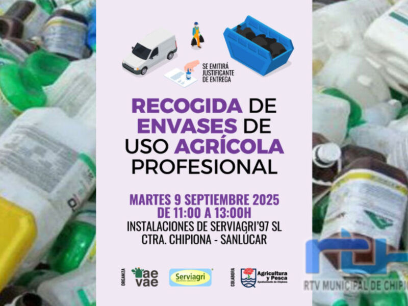 Recogida de envases de uso agrícola profesional en las instalaciones de Serviagri'97 SL, Sanlúcar, el martes 9 de septiembre de 2025, desde las 11:00 hasta las 13:00 horas.
