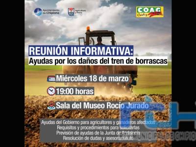 El próximo miércoles tendrá lugar en Chipiona una reunión informativa sobre los daños de las borrascas para agricultores y ganaderos